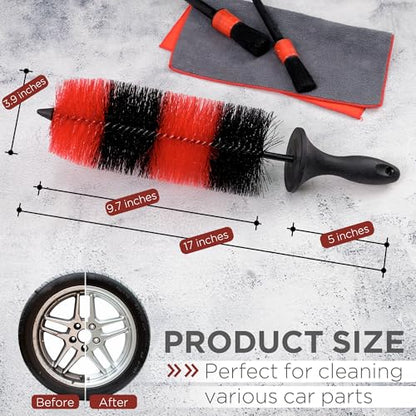(Upgraded) TAKAVU Premium Wheel & Tire Brush, Long Bristle Detailing Brush for Effortless Rim & Tire Cleaning, Non-Slip Handle, Built-in Knuckle Guard, Deep Reach for Brake Dust & Dirt Removal (Red) - color: Red & Black - Big Brush