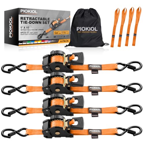 Retractable Ratchet Straps (4-Pack) - 1 Inch x 10 Feet (1,764lb Break Strength) - Heavy Duty Auto Self Retracting Tie Down Straps for Truck, Cargo Trailer, Motorcycle, ATV, UTV – Orange - color: Orange