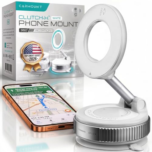 CARMOUNT Clutch-X™ White – Upgraded Vacuum Phone Mount Suction Cup Car Phone Holder for iPhone, Window Phone Mount, 360° Vacuum Magnetic Phone Holder for Car, Magnetic Phone Holder with Suction Cup - color: White