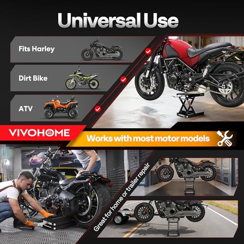 VIVOHOME 1100 LBS Motorcycle Lift Scissor Jack, Wide Deck Hoist Stand, Height Adjustable Center Stand with Crank, Steel Lift for Cruiser, Dirt Bike, ATV - Black - color: Black