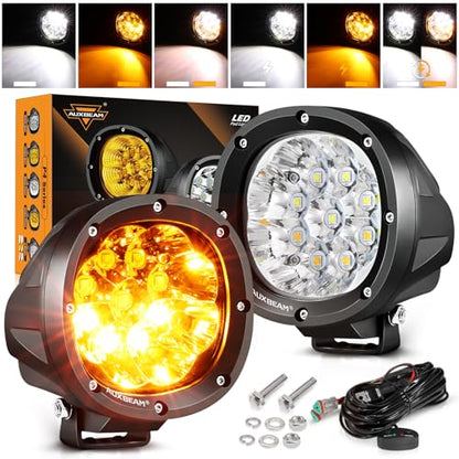 Auxbeam 4 Inch Round Offroad Light, 90W LED Amber White Spot Strobe Light Pods with 6 Modes, Dual Color Flashing Driving Fog Lights Bar Plug & Play for Truck, Pickup, SUV, ATV, UTV, 4x4, Jeep - color: P4 Series-6 Modes Spot Beam