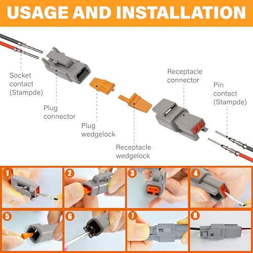Deutsch DTM Grey 2 Pin Connectors 12 Sets, Waterproof Electrical Wire Connector with Stamped Contacts and Seal Plug for Truck, Off-Road Vehicles, Construction, Agriculture, Marine, Motorcycle Wiring - size: 2Pin-12 Set