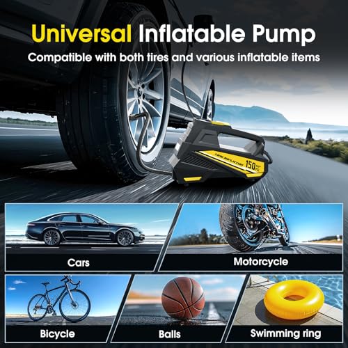 FLYKID Tire Inflator Portable Air Compressor- 12V DC Air Pump for Car Tires with 150PSI LCD Digital Gauge & Emergency LED Light,Auto Tire Pump for Cars,Motorcycles,Bikes,Balls (Yellow, Large)