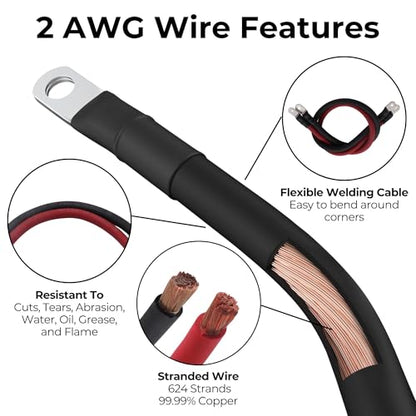 2 AWG Battery Cables with Terminals, Positive and Negative Wires Pure Copper, Auto, Solar Power Inverter, Welding, Golf Cart, Motorcycle (Red and Black, 1.5 FT (18 in), 5/16" Lugs on Both Ends, 2pcs) - color: Red and Black, size: 1.5 FT 5/16" Lugs