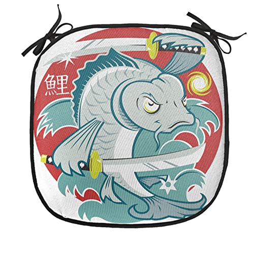 Lunarable Japanese Chair Cushion Pad, Koi Samurai on Red Background Martial Art Animal Fighter Illustration, Seat Padding for Kitchen & Patio with Anti-Slip Backing, 16"x16", Green and White - color: Green and White, size: Pack of 1