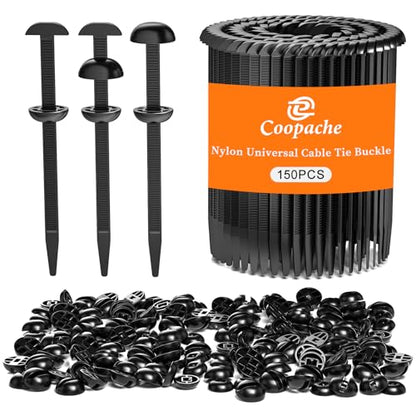 Coopache Nylon Universal Cable Tie Buckle for Car Heavy Duty, Upgraded Automotive Zipper Clips, Strap Style Fender Zip Ties Fasteners, Top Movable Dome (Black 150 PCS) - style: Black 150 PCS