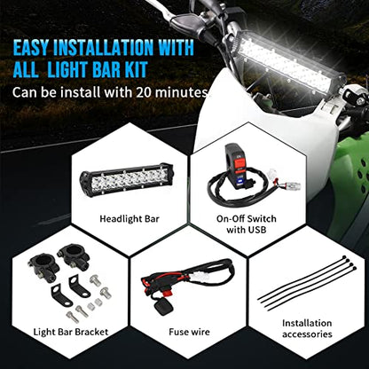 Light Bar Kit, Motorcycle Front Light Bar with USB Socket Charger Switch Bright for Honda CRF110 KLX110 TTR110 YZ250F Dirt Bike Plug and Play - size: light Bar Kit with USB Switch