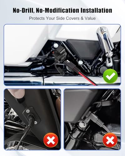 Motorcycle Battery Charger Bracket Fit for Harley Road Glide FLTRX & Street Glide FLHX 2024-2025, 304 Stainless Steel Mount with Cable Holder, External Charger Connector
