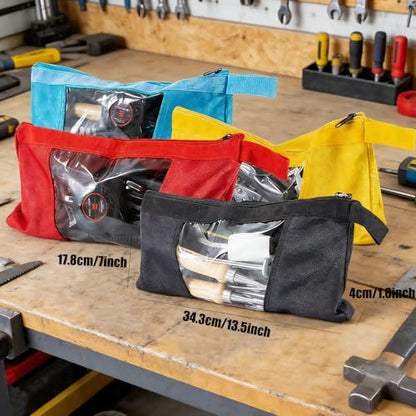 QCWN 4 Pack Tool Pouches with Zipper - 13.7" Heavy Duty 1680D Small Tool Bag with Clear Window - Waterproof Utility Storage Organizer for Electrician, HVAC, Mechanic (Red/Yellow/Blue/Black) - color: 4 Pack Red+Yellow+Blue+Black
