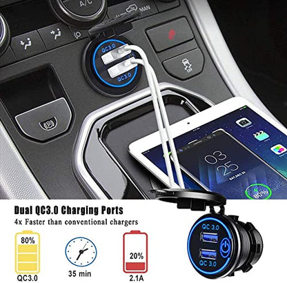 GemCoo 12V USB Outlet 36W QC 3.0 Charger Socket with Power Switch, 12V/24V Charger Socket Fast Charge for Car RV Boat Marine Truck Golf Motorcycle - color: QC3.0 With Switch