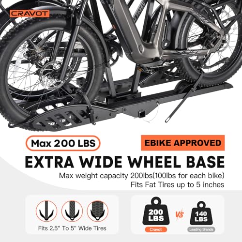 CRAVOT CyberRack E2 Hitch 2 EBike Rack with Ramp, 200 lbs Capacity Electric Bike Carrier Foldable Platform Mount, Up to 5-inch Fat Tire Bicycle for 2'' Receiver Cars Trucks SUVs Minivans RV, Trailer - size: E2 200lbs