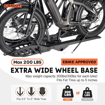 CRAVOT CyberRack E2 Hitch 2 EBike Rack with Ramp, 200 lbs Capacity Electric Bike Carrier Foldable Platform Mount, Up to 5-inch Fat Tire Bicycle for 2'' Receiver Cars Trucks SUVs Minivans RV, Trailer - size: E2 200lbs