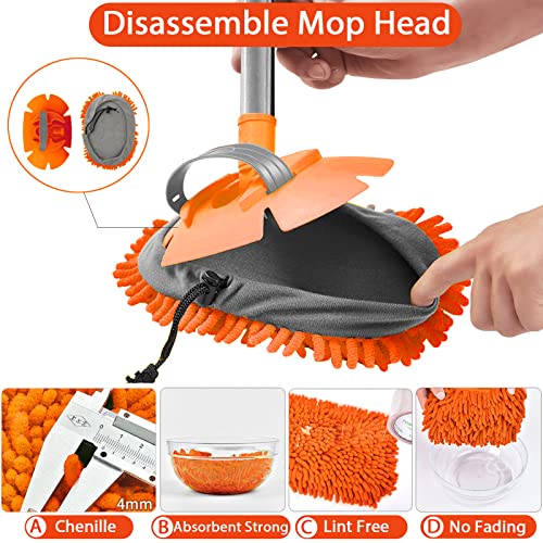 WillingHeart 63" Car Wash Mop Brush Tool Mitt with Long Handle Length More Suitable for Washing American Cars Truck, SUV, RV, Trailer, 2 in 1 Chenille Microfiber Duster Not Hurt Paint Scratch Free - color: Orange