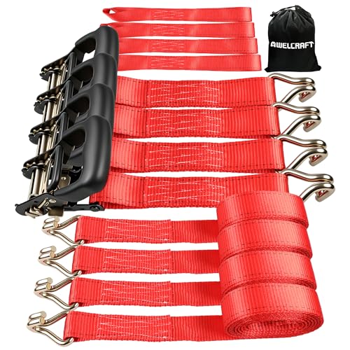 AWELCRAFT Ratchet Straps Heavy Duty 4 Pack,4500lbs Breaking Strength,1.5in×15ft Tie Down Ratcheting Strap with Padded Handles, Double J Hooks & Soft Loops for Motorcycle,Trailer & Trucks (Red) - color: Red