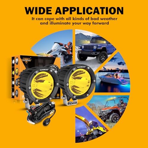Auxbeam 4 Inch 72W Amber Fog Lights, 2PCS 7200LM LED Round Offroad Light Pods, Yellow Spot Beam Driving Off Road Work Light Bar with Wiring Harness Kit for Jeep Vehicle Pickup Trucks ATV UTV SUV - color: C4 Series-Yellow Spot Beam