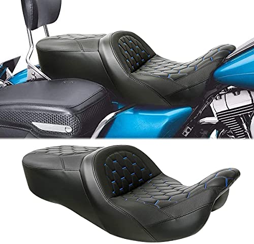 C.C. RIDER Leather Driver Passenger Seat - Fat Diamond Pro 2-Up One-Piece Seat fit for Harley Touring Road King FLHR Street Glide FLHX Road Glide FLTRX 2009-2023, Bagger Comb #Blue Stitching - color: Blue Stitching