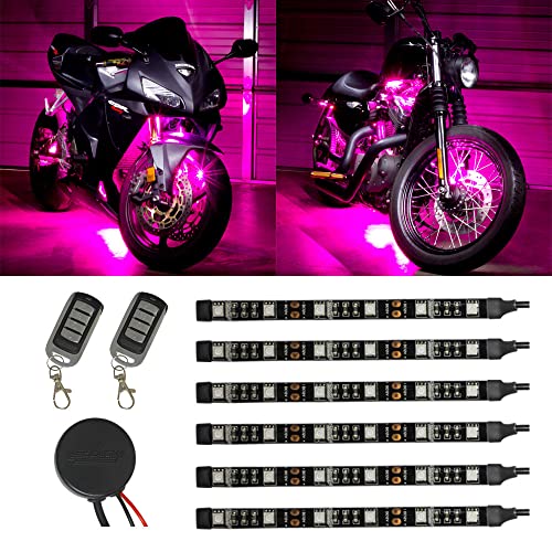 LEDGlow 6pc Advanced Pink LED Motorcycle Accent Neon Underglow Lighting Kit - 4 Patterns - 4 Brightness Levels - 6" Flexible Light Strips - Includes Waterproof Control Box & 2 Wireless Remotes