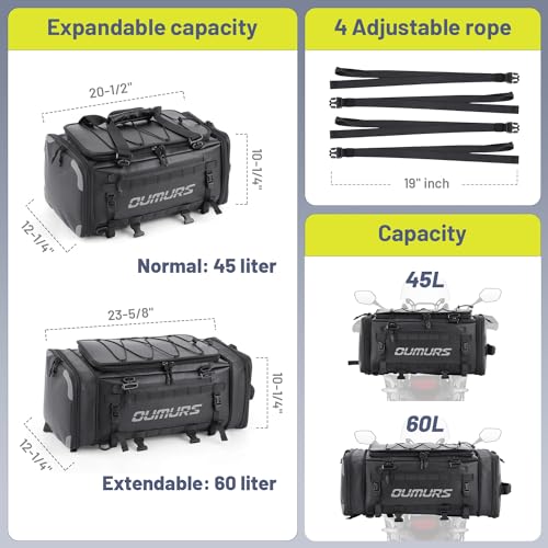 Oumurs 45-60L Expandable Waterproof Motorcycle Tail Bag with Rain Cover & Strap, Reflective All-Weather Trunk Rack Bags, Dual-Use Backpack for Large Capacity Storage, Motorcycle Luggage Rack Bags