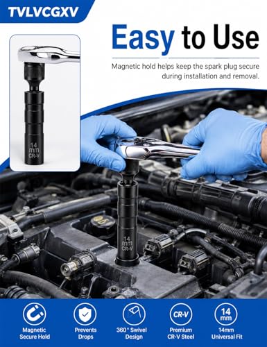 2026 Upgraded 14mm Swivel Magnetic Spark Plug Socket, 3/8" Drive 12-Point Thin Wall Spark Plug Socket, CR-V Steel with Black Phosphate Coating, Professional Removal Tool
