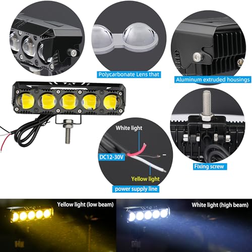 Motorcycle LED Spotlight Yellow/White Hi-Low Combo Beam LED Driving Fog Light Bar, 2Pcs 6.5Inch Offroad Driving Lights Pod Lamp Work Auxiliary Lights for Trucks, Vehicles, ATVs,UTVs, Tractors - size: Single Row