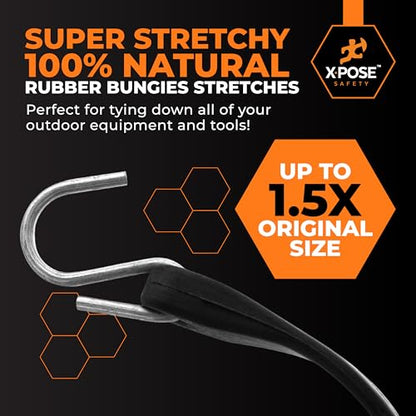Rubber Bungee Cords with Hooks 10 Pack 21 Inch (32” Max Stretch) Heavy-Duty Black Tie Down Straps for Outdoor, Tarp Covers, Canvas Canopies, Motorcycle, and Cargo - by Xpose Safety - size: 21"
