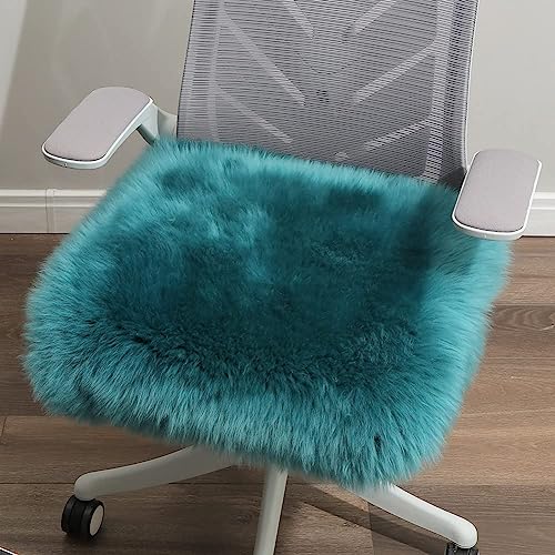 LLB Sheepskin Chair Covers Office Chair Cushion Dining Room Chair Pads Desk Chair Seat Cushion for Computer Chair Fur Area Rugs for Living Room 18x18 Inch (Pack of 1), Peacock Blue - color: Peacock Blue, size: 18x18 Inch (Pack of 1)