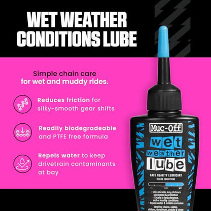 Muc-Off Chain Wet Lube 50ml | Biodegradable Bicycle Chain Lubricant Wet | Reduces Friction & Extends Chain Life | Wax-Based Formula Repels Water | Suitable for MTB & Road Bikes - size: 50ml
