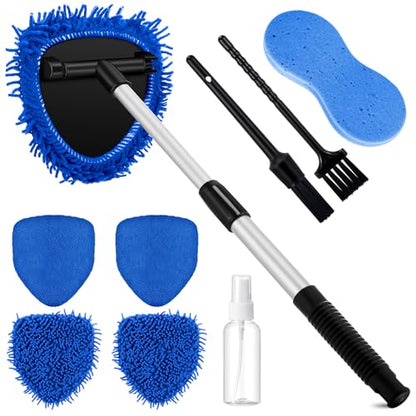 Baderke 9 Pcs Car Windshield Cleaner Tool Kit with with Extendable Handle, Microfiber Towel Pads, Sponge, Ventilation Brush, Empty Spray Bottle for Auto Glass Wiper Suvs Rvs & Home Windows(Blue) - color: Blue