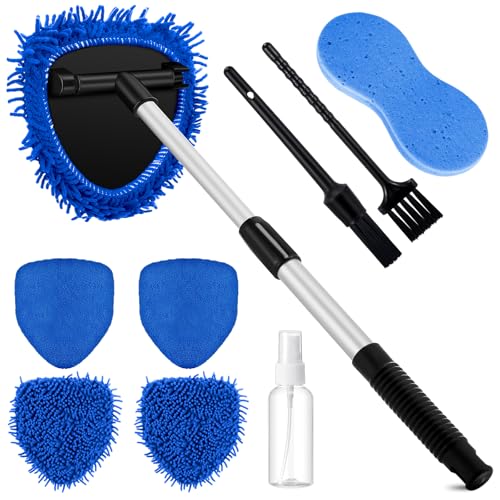 Baderke 9 Pcs Car Windshield Cleaner Tool Kit with with Extendable Handle, Microfiber Towel Pads, Sponge, Ventilation Brush, Empty Spray Bottle for Auto Glass Wiper Suvs Rvs & Home Windows(Blue) - color: Blue