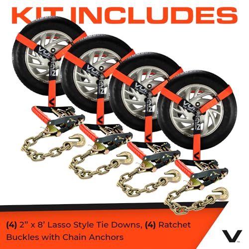 VULCAN Car Tie Down with Chain Anchors - Lasso Style - 2 Inch x 96 Inch - 4 Pack - PROSeries - 3,300 Pound Safe Working Load - size: Chain Anchors - ProSeries Orange (4 Pack)