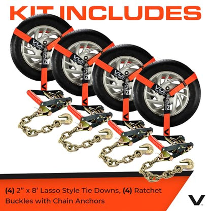 VULCAN Car Tie Down with Chain Anchors - Lasso Style - 2 Inch x 96 Inch - 4 Pack - PROSeries - 3,300 Pound Safe Working Load - size: Chain Anchors - ProSeries Orange (4 Pack)
