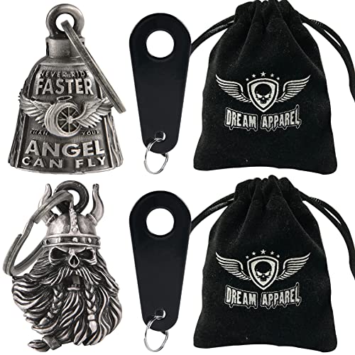 Dream Apparel 2 Pack Motorcycle Bells Guardian Angel for Biker Rider Men Women Ride Riding with Hangers, Drive Away Gremlins - color: Wing Wheel Bell + Viking Skull W/ Helmet Bell