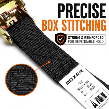 BoxerTool BXR Black Strap Down Ratcheting Securing Straps 1" x20' Track Spring Fittings, Tie-Down Motorcycles, Trailer Loads, Kayak, Rubber Handle Ratcheting Strap - size: 1"x20' - 2pcs