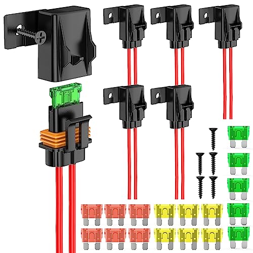 Nilight 6pcs Inline Fuse Holder 12AWG Waterproof ATC/ATO Blade Holder 20A 30A 40A Regular Heavy Duty in Line w/Cover Fits 1A to 30A Fuses for 12V Automotive Vehicles - color: 18Pcs Fuses + 12AWG Holder 6