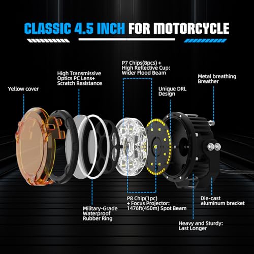 BraveWAY [Strobe] Motorcycle Auxiliary Lights with DRL, 4.5 inch LED Fog Lights, Spot+Flood White Driving Light for ADV Adventure Touring Motorcycle ATV UTV LED Bar 2PCS(+Wiring Harness) - size: 4.5 inch White/Yellow for MC