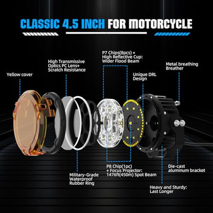 BraveWAY [Strobe] Motorcycle Auxiliary Lights with DRL, 4.5 inch LED Fog Lights, Spot+Flood White Driving Light for ADV Adventure Touring Motorcycle ATV UTV LED Bar 2PCS(+Wiring Harness) - size: 4.5 inch White/Yellow for MC