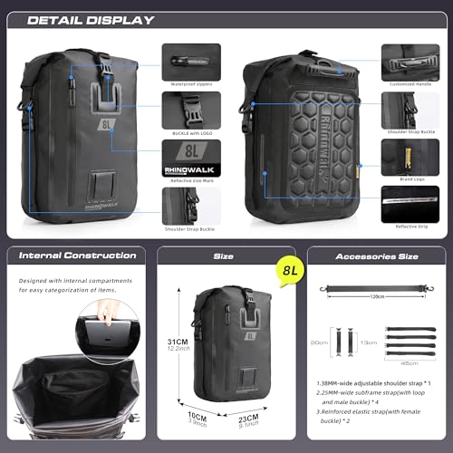 Waterproof Motorcycle Tail Bag 8L Motorbike Rear Rack Storage Bag Saddle Pannier for Touring Adventure Commuting Black - size: 8L