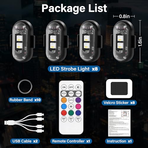 Wireless LED Lights for Car 8PCS with Remote Control, Wireless LED Strobe Lights 8 Colors USB Charge IP65 Waterproof Anti-Collision for Car Motorcycle Drone RC Aircraft Bike, Black