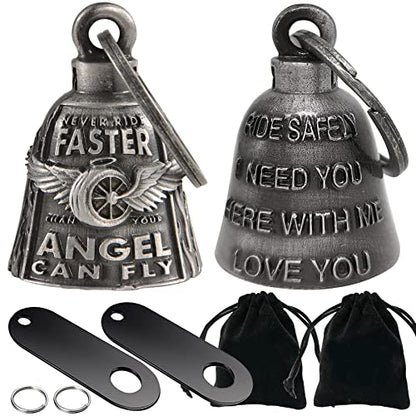 Dream Apparel 2 Pack Motorcycle Bells Guardian Angel for Biker Rider Men Women Ride Riding with Hangers, Drive Away Gremlins - color: Wing Wheel + Ride Safely & I Need You & Love You