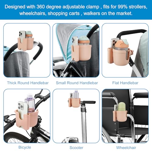 Accmor Stroller Cup Holder with Phone Holder, Bike Cup Holder, Universal Cup Holder for Uppababy Nuna Doona Strollers, 2-in-1 Cup Holder for Walker, Wheelchair, Scooter - color: All Pink & All Pink