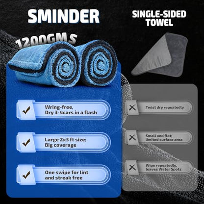 SMINDER 2-Pack 1200 GSM Car Drying Towels – Microfiber Towels for Cars (36" x 24"), Ultra-Absorbent, Streak-Free, Scratch-Free, No Water Spots, Double-Twist Pile & Edgeless Design(Blue) - color: Blue