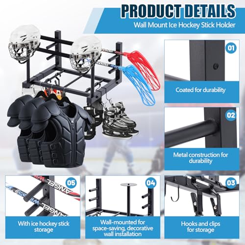 18.1 x 14.2 x 11.2 Inches Hockey Gear Drying Rack Wall Mount Ice Hockey Stick Holder with 4 Hooks and 4 Clips Metal Equipment Dryer Display Storage Organizer for Lacrosse