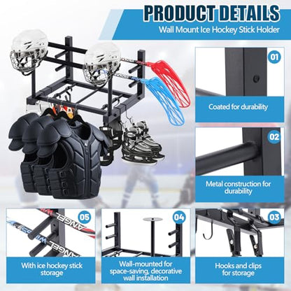 18.1 x 14.2 x 11.2 Inches Hockey Gear Drying Rack Wall Mount Ice Hockey Stick Holder with 4 Hooks and 4 Clips Metal Equipment Dryer Display Storage Organizer for Lacrosse
