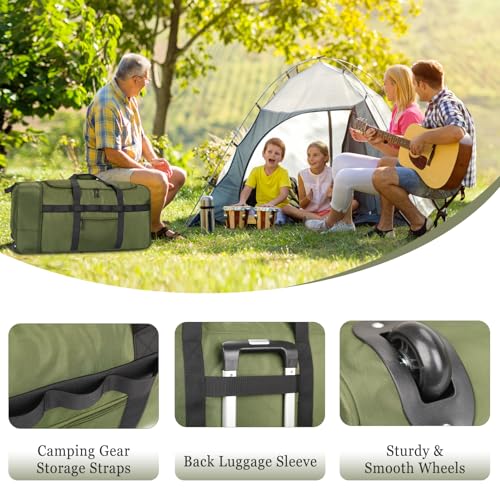 Rolling Duffle Bag with Wheels, 85L Expandable Rolling Duffel Bag for Travelling, Extra Large Foldable Carry on Travel Duffle Bag for Men - color: Green
