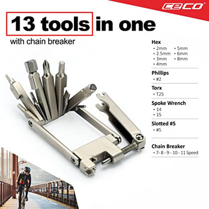 CECO USA 13 Function Bike Tool with Chain Breaker, Bicycle Multi Tool, Ultra Slim, Compact Pocket Sized, Lightweight, High Strength CR-V 6150 Tool Steel, Easy To Carry, Case Pouch Included, Road