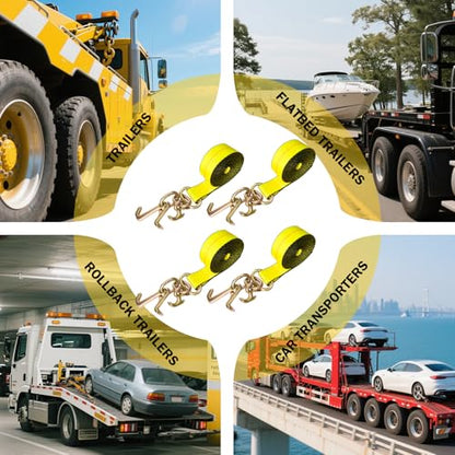 4PCs 2" x8' Recovery Winch Strap w/RTJ Cluster Hook, 10000LBS Tow Truck Car Wrecker Winch Tie Down Straps, Heavy Duty Autohauler Car Tie Down Straps - size: 2"x8FT(4PCs)
