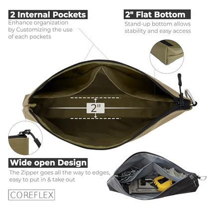 COREFLEX Premium Tool Pouch Zipper Bag, Small Tool Bag, Multipurpose Storage pouch, Heavy duty Flat Bottom Tool bag with YKK Zipper (6 pack Large 12inch) - size: 6 pack Large 12inch Khaki
