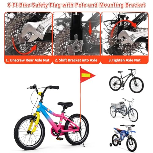 6PCS Orange Bike Safety Flag,6 Ft Bike Flags with Heavy Duty Fiberglass Flag Pole and Mounting Bracket, High Visibility Reflective Orange Flag Adjustable Bicycle Flag Pole