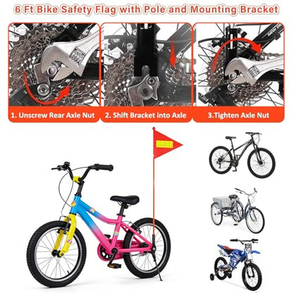 6PCS Orange Bike Safety Flag,6 Ft Bike Flags with Heavy Duty Fiberglass Flag Pole and Mounting Bracket, High Visibility Reflective Orange Flag Adjustable Bicycle Flag Pole