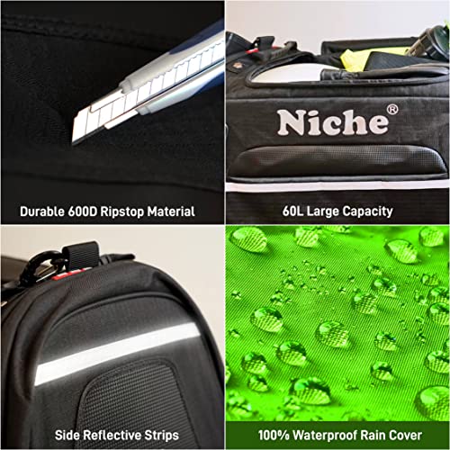 Niche Motorcycle Tail Bag 60L – Waterproof Travel Luggage with High‑Vis Neon Rain Cover & Reflective Trim, Universal Fit for Sport & Touring Bikes (NMO-2211)